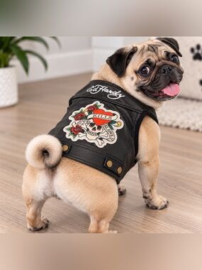Ed Hardy Black Faux Leather Dog Jacket with Colorful Tattoo Patch